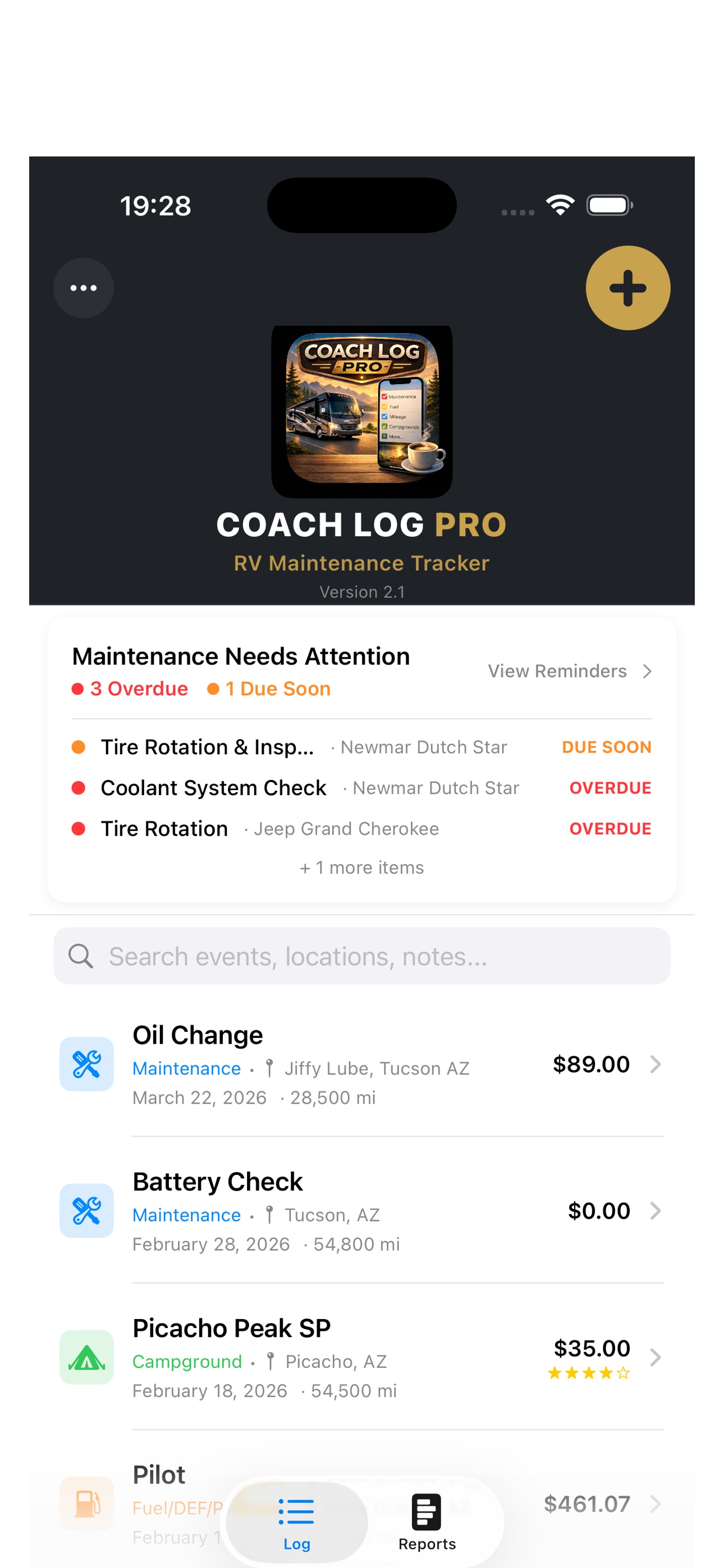 Coach Log Pro — Main Log View